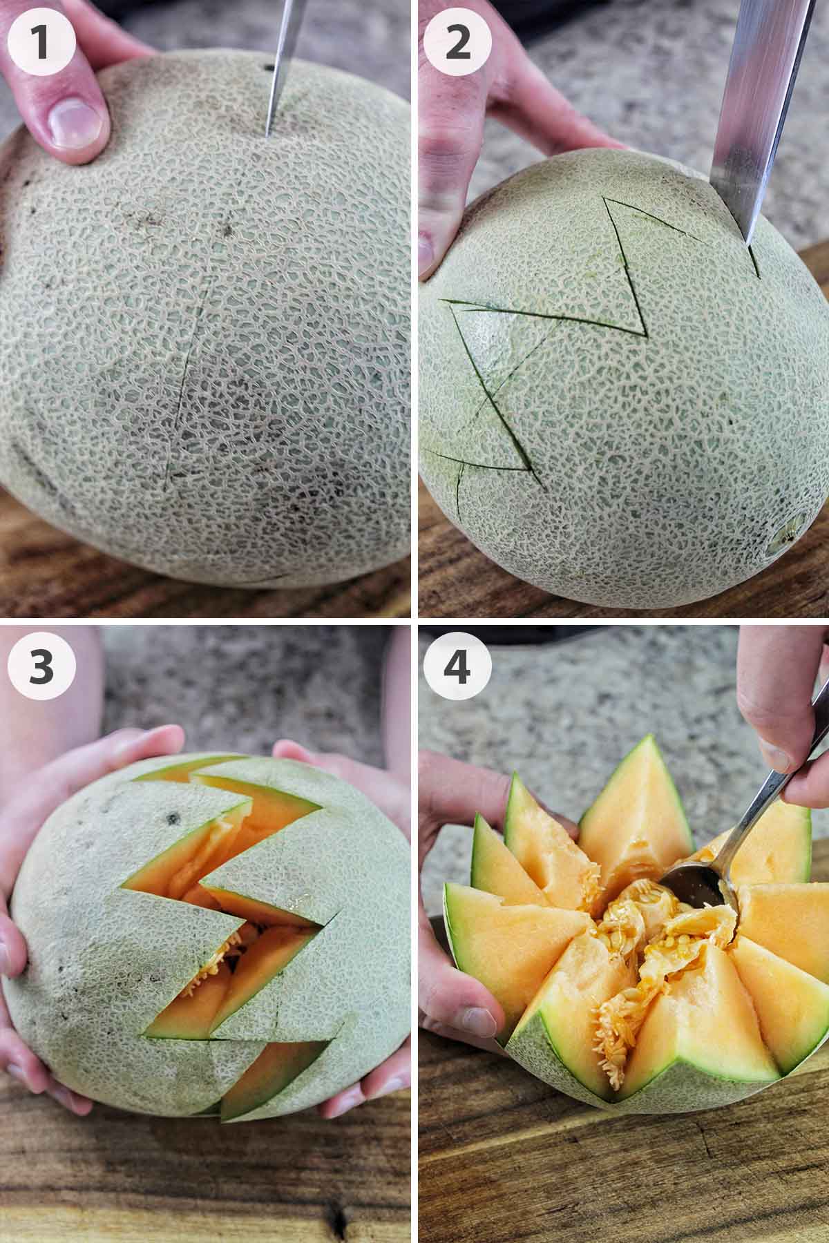 four numbered photos showing how to cut a cantaloupe flower.