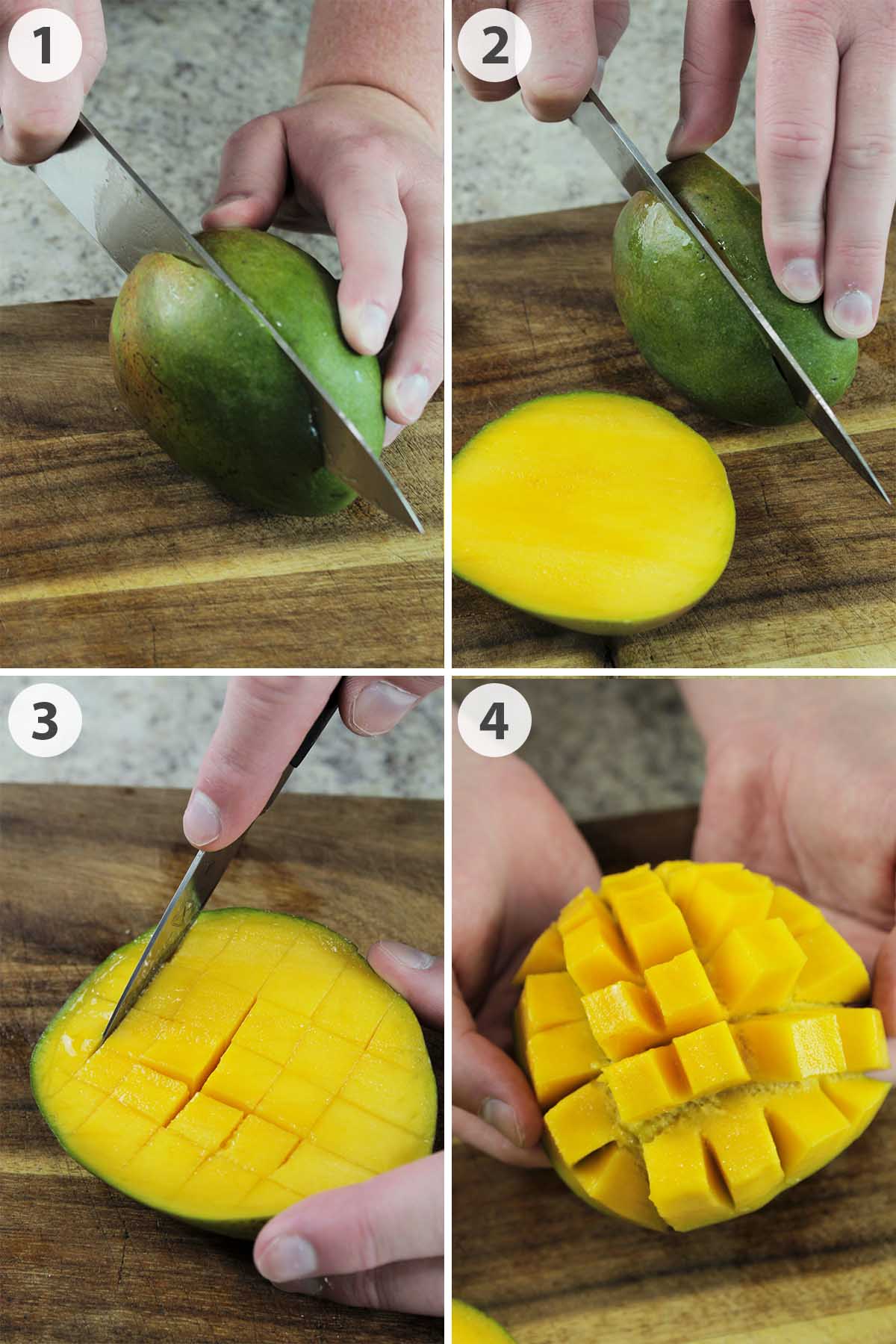 four numbered photos showing how to cut a mango.
