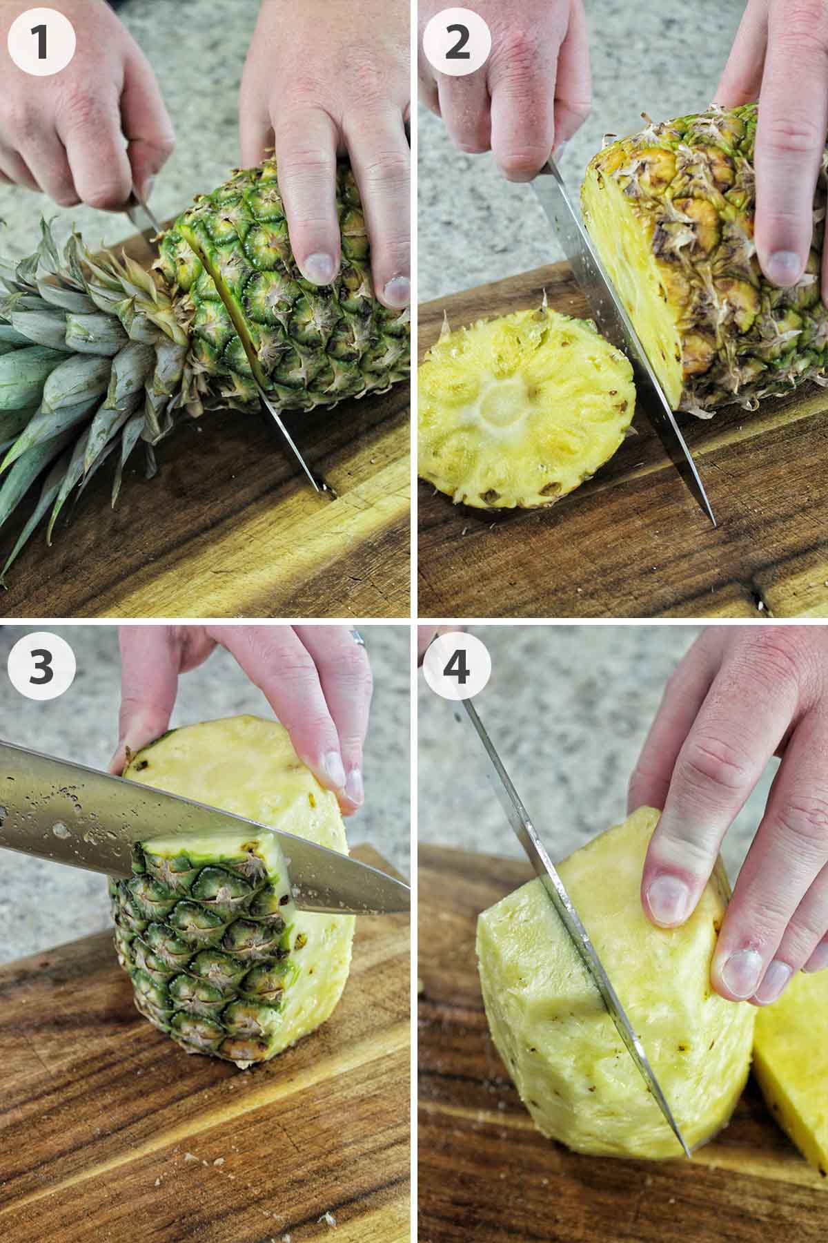 four numbered photos showing how to cut the skin off of pineapple.