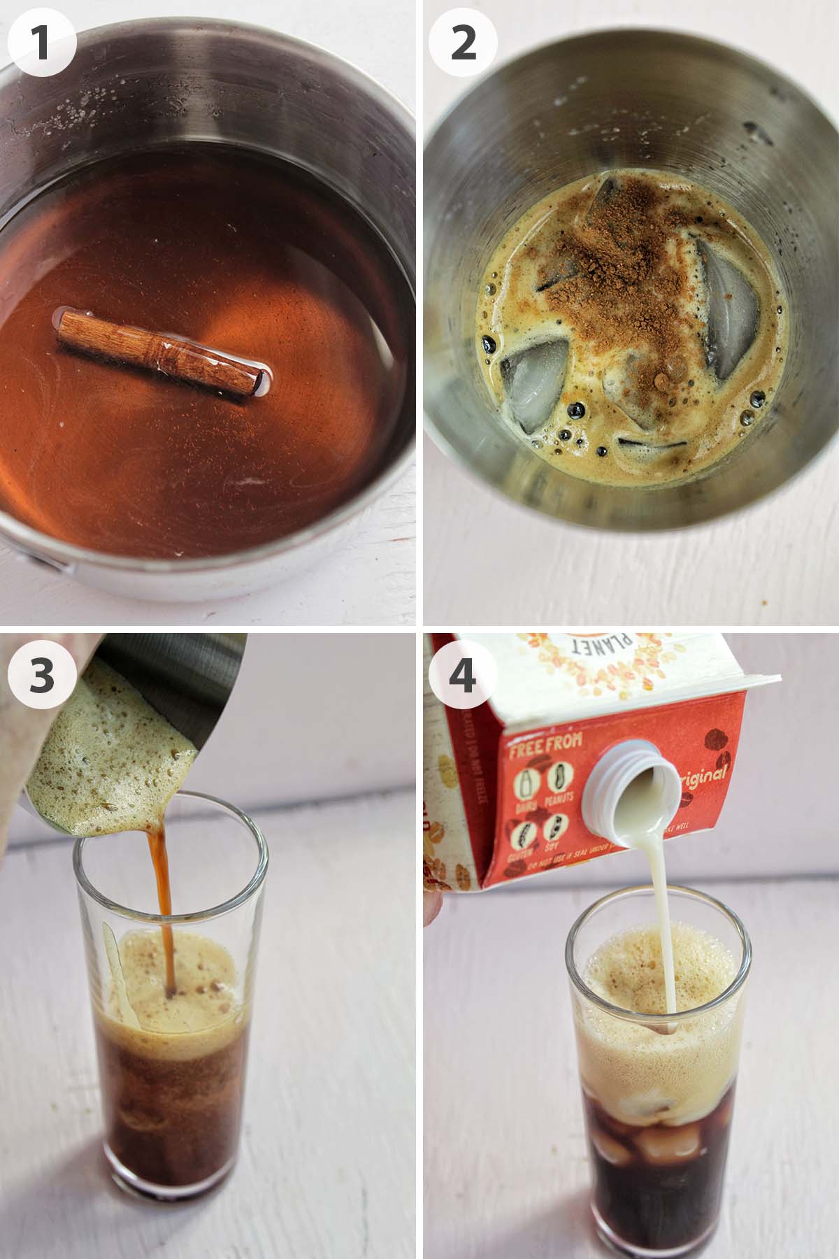 four numbered photos showing how to make a brown sugar shaken espresso.