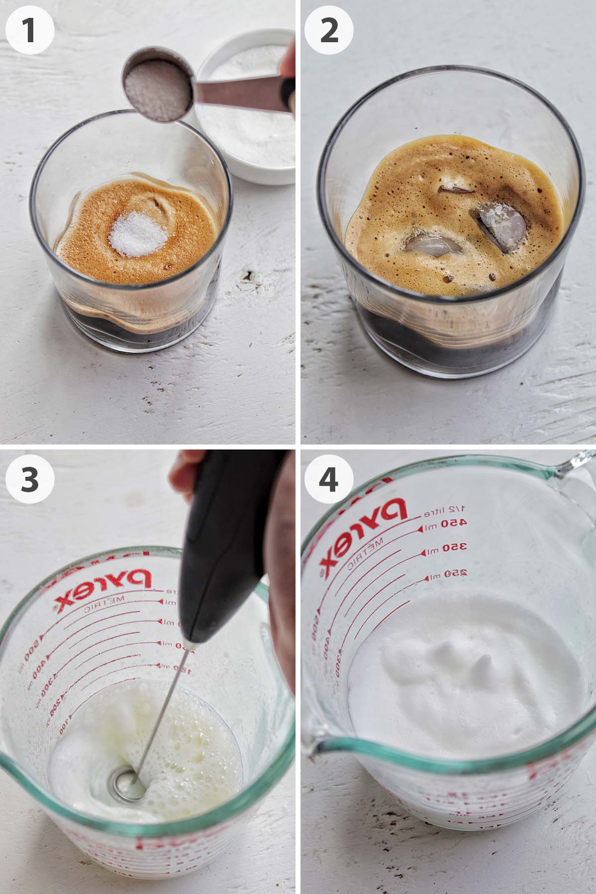 four numbered photos showing how to make espresso and cold foam.