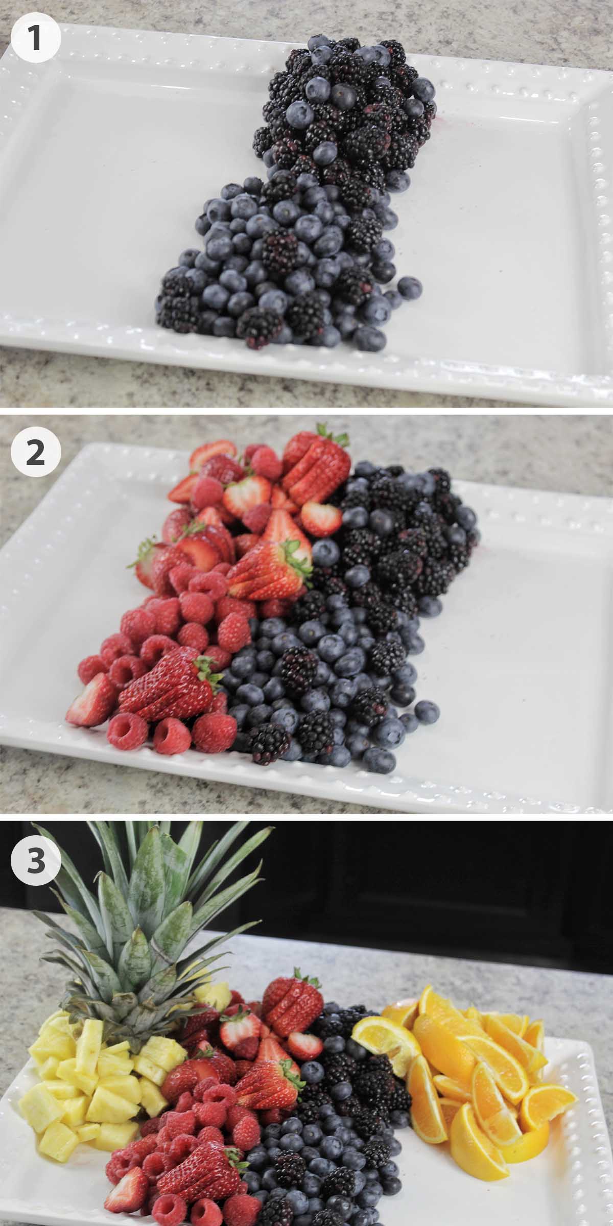 three numbered photos showing how to assemble a fruit display.