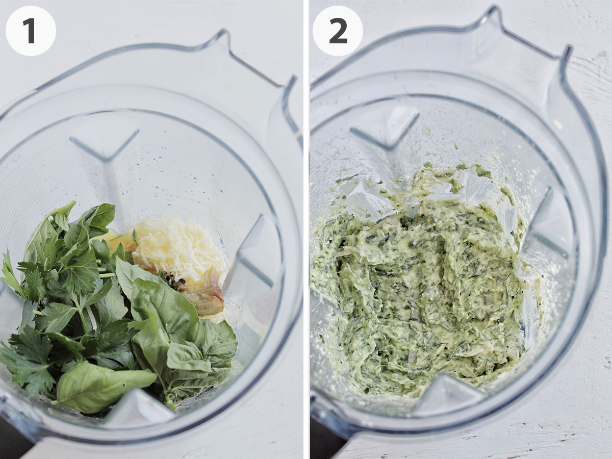 two numbered photos showing herbs and cheese in a blender and the final pureed sauce.