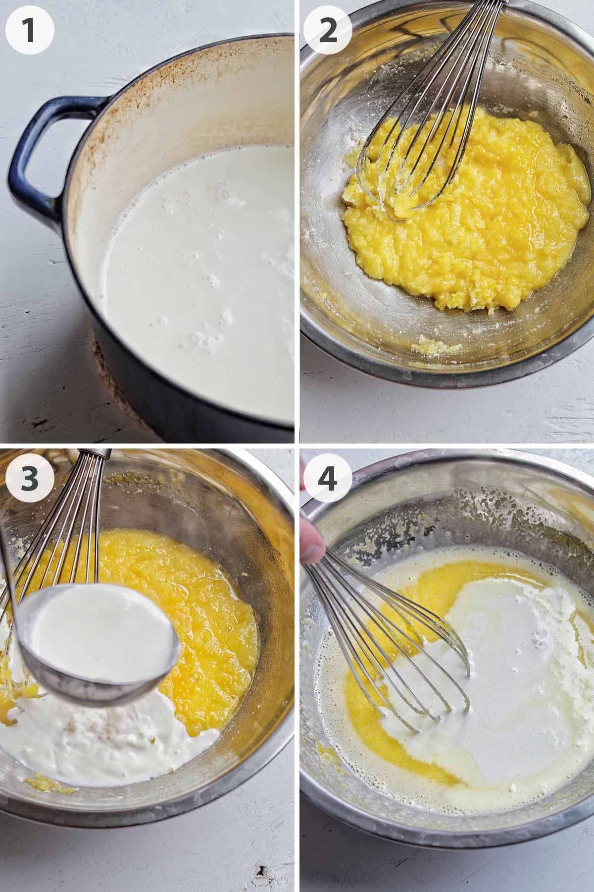 four numbered photos showing how to temper eggs for custard ice cream.