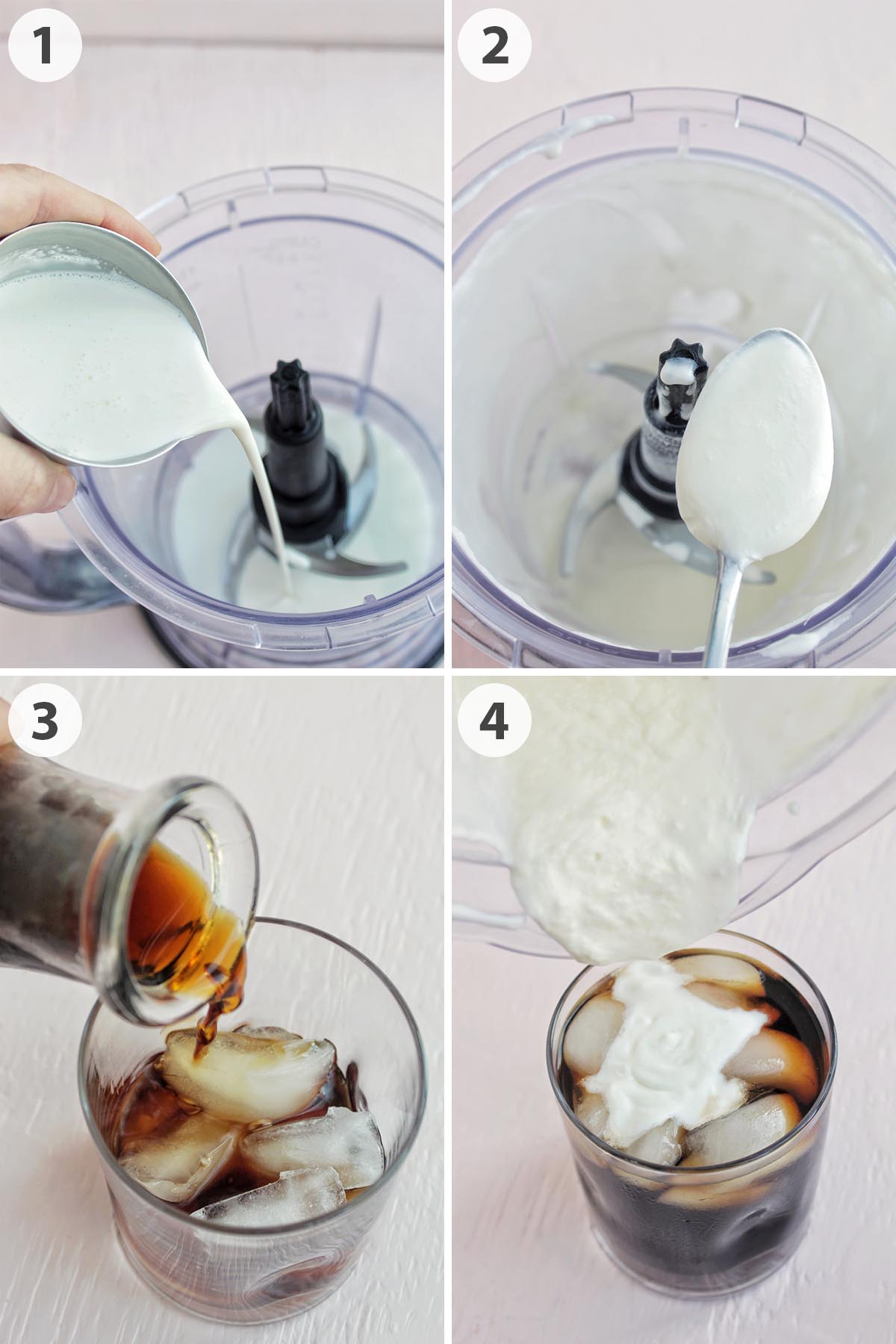 four numbered photos showing how to make sweet cream cold foam and pour onto cold brew.
