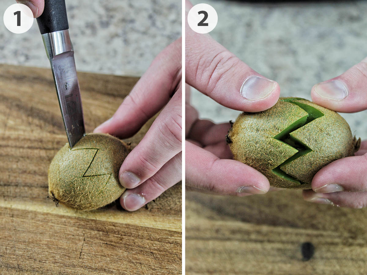 two numbered photos showing how to cut kiwi flowers.