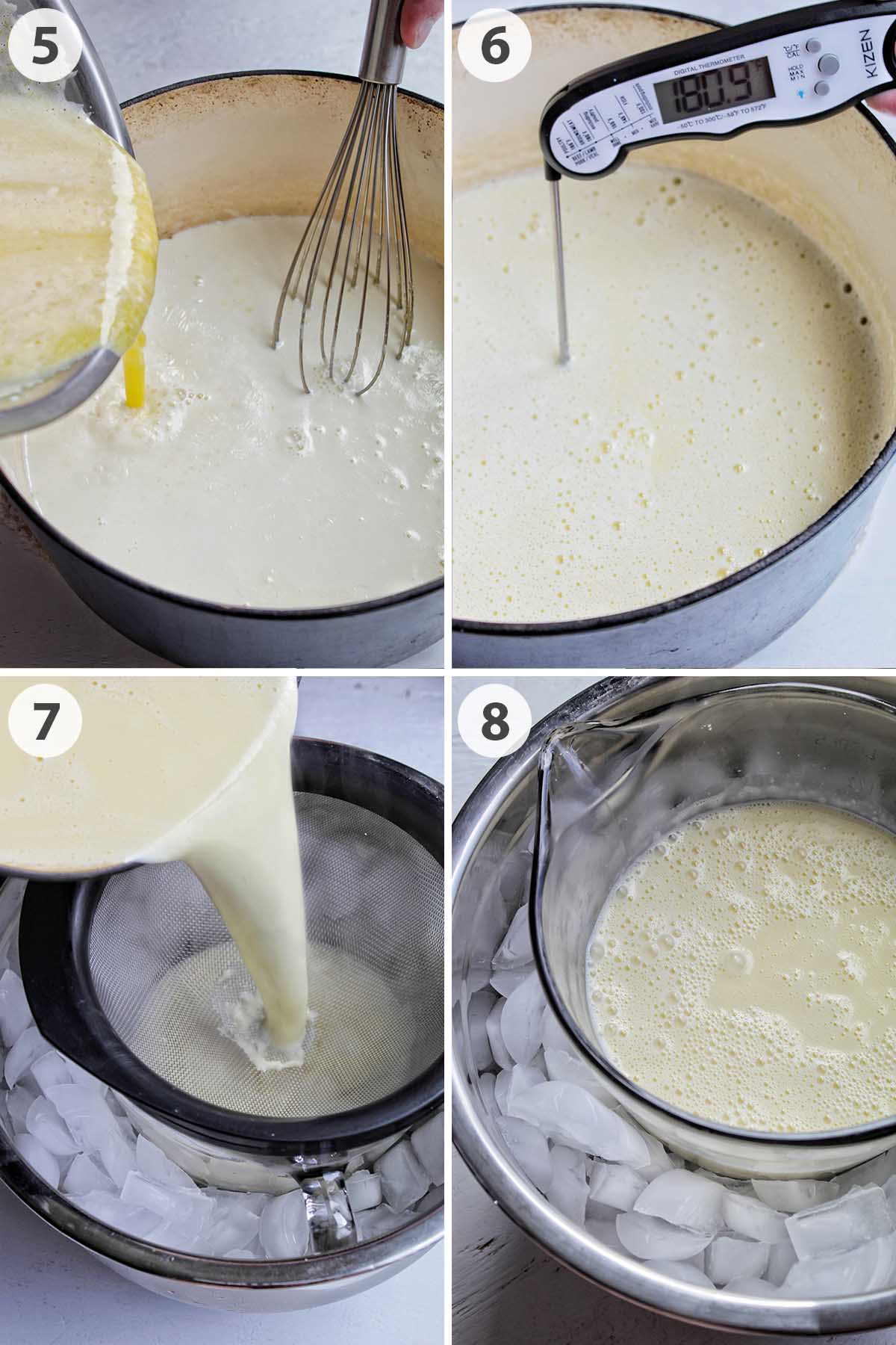 four numbered photos showing how to heat and cool custard ice cream base.