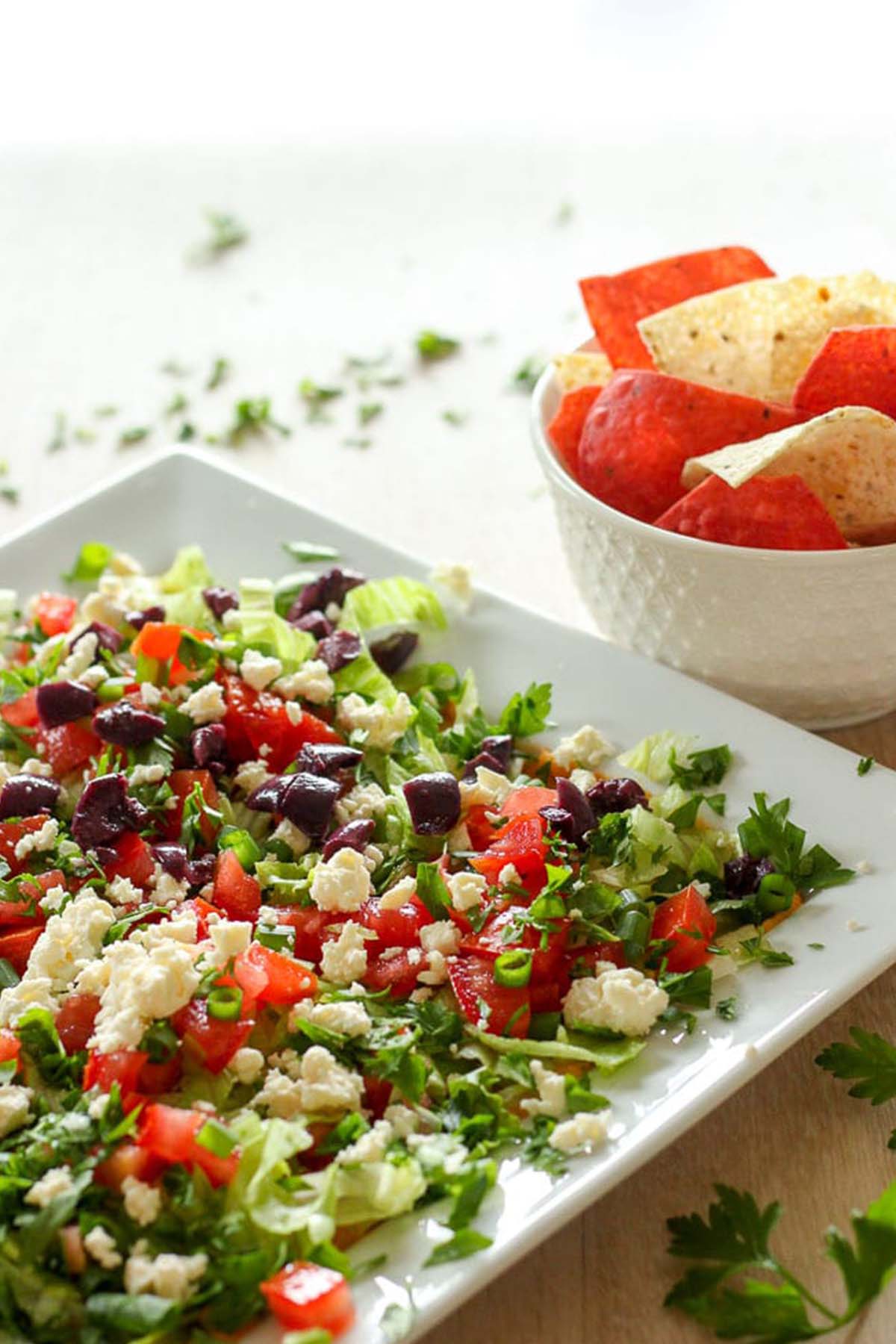 Mediterranean dip with olives, tomatoes, and feta.