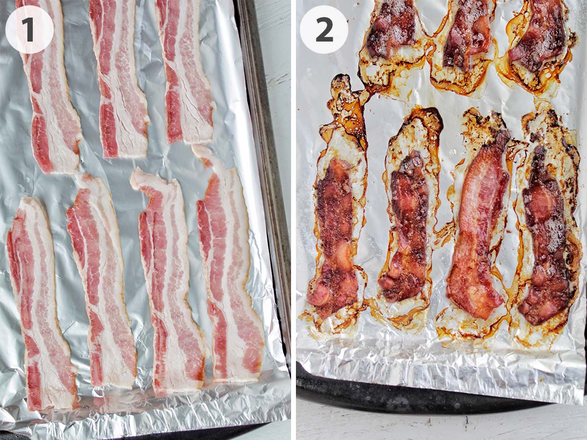 two numbered photos showing showing raw and cooked bacon on a lined baking sheet.