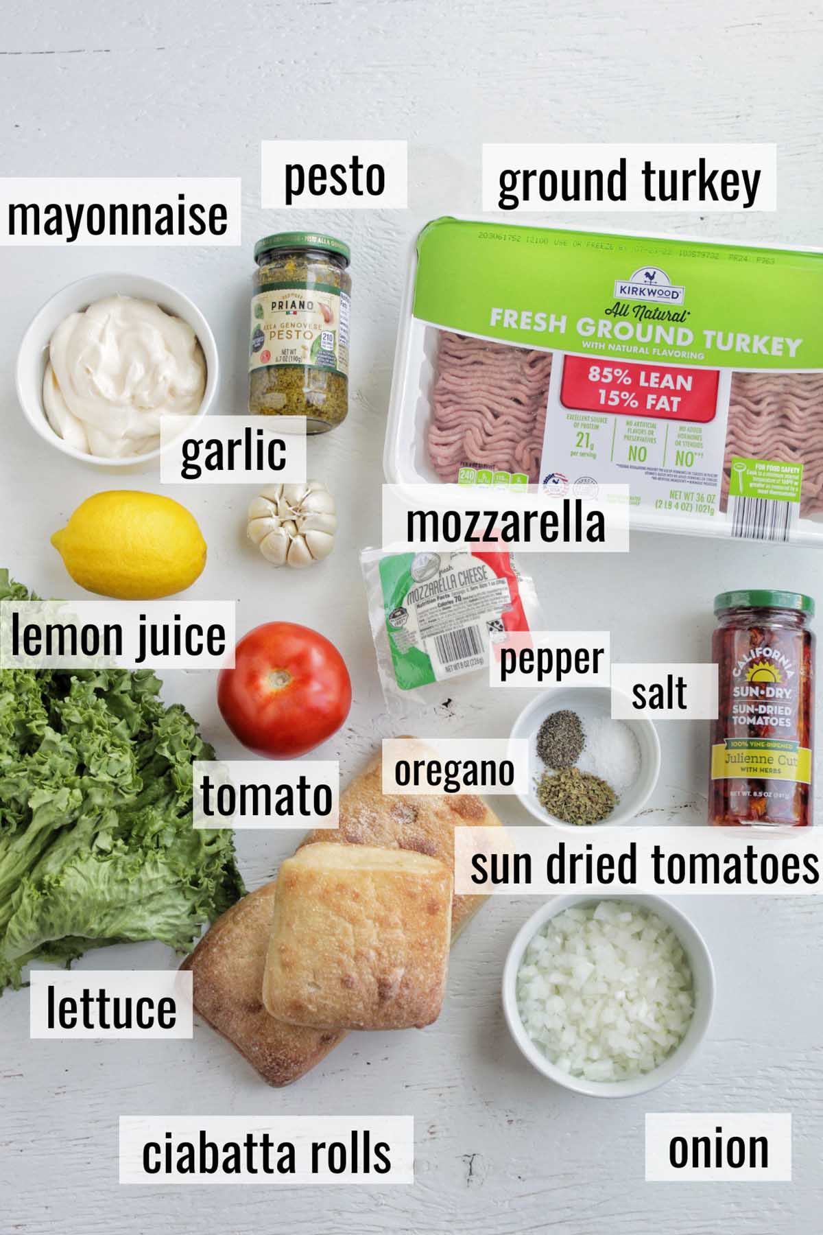 pesto burger ingredients with labels.