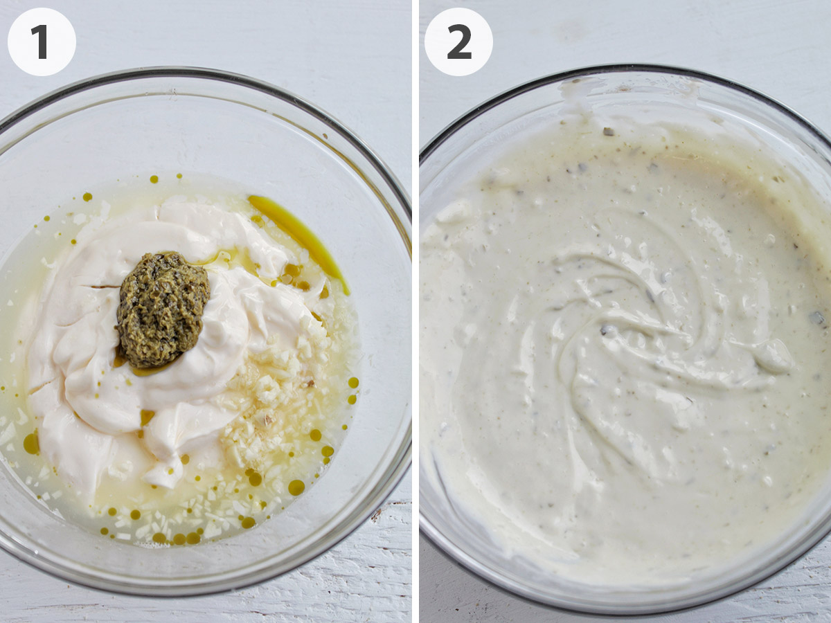 two numbered photos showing how to make pesto mayonnaise.