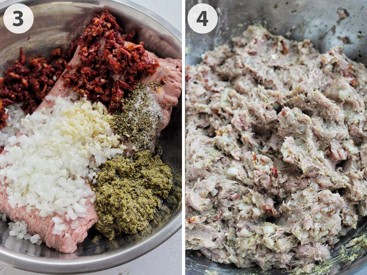 two numbered photos showing how to mix ground turkey with toppings.
