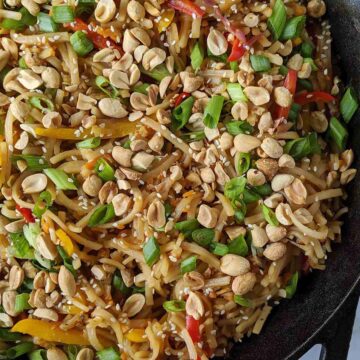 rice noodles topped with peanuts and green onions.