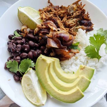bowl filled with shredded pork, beans, rice, and avocado.