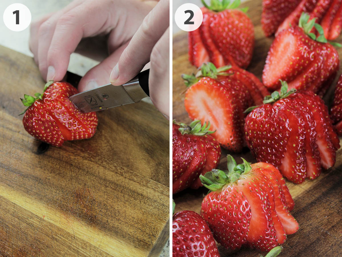 two numbered photos showing how to cut strawberries into a fan.