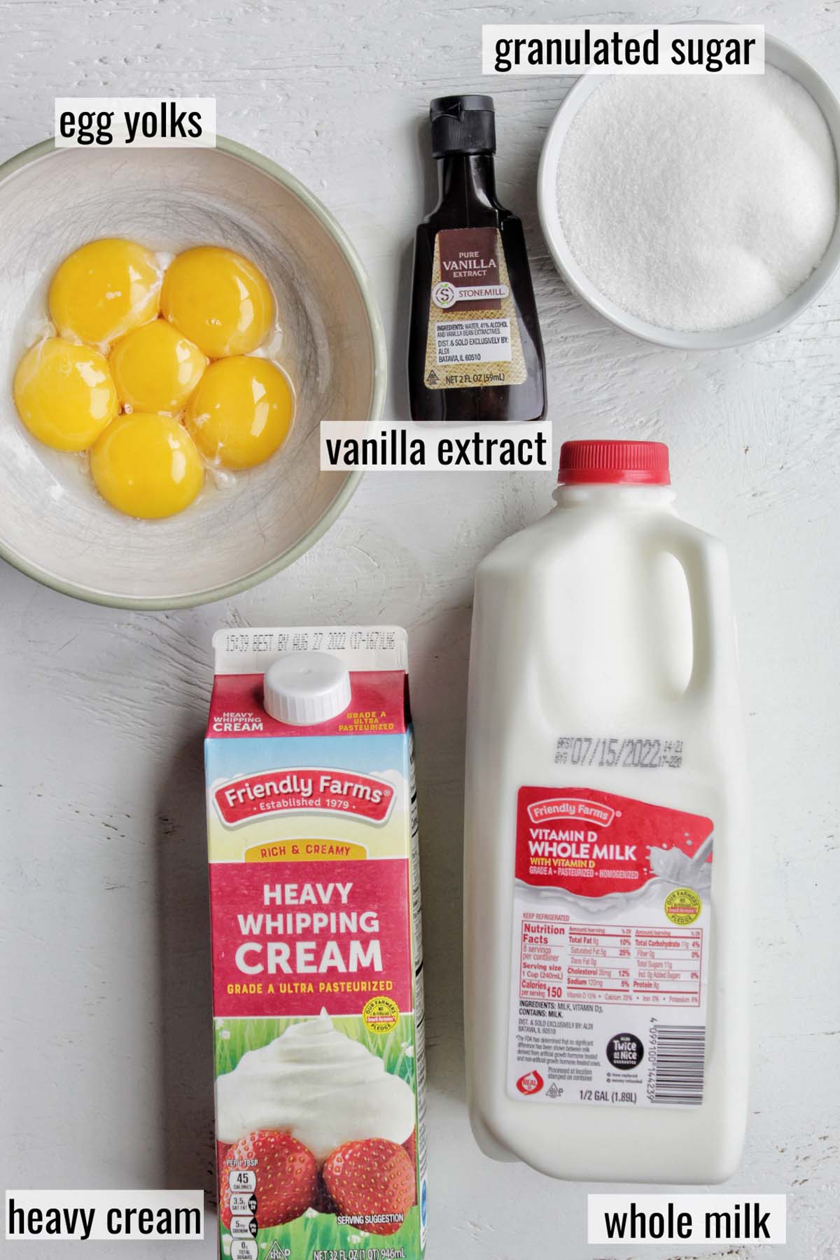 vanilla custard ice cream ingredients with labels.