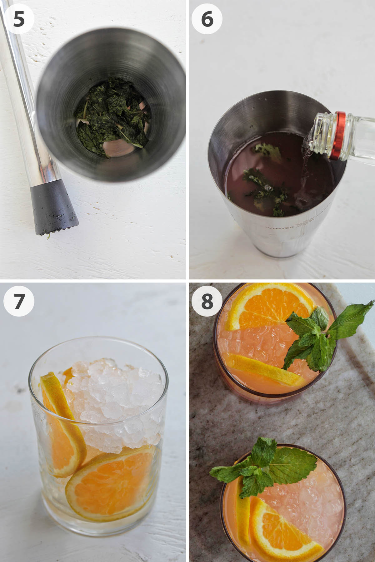 four numbered photos showing how to make a mint, blackberry, and orange cocktail.