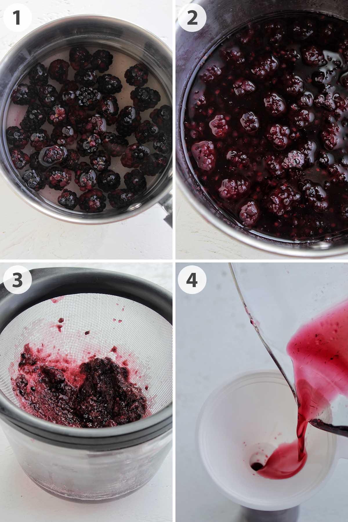 four numbered photos showing how to make blackberry simple syrup.