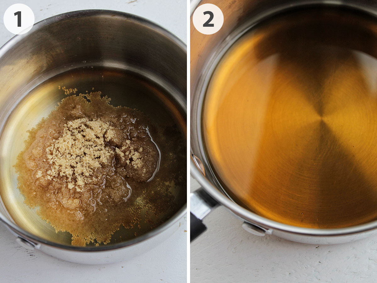 two numbered photos showing how to make brown sugar cocktail syrup.