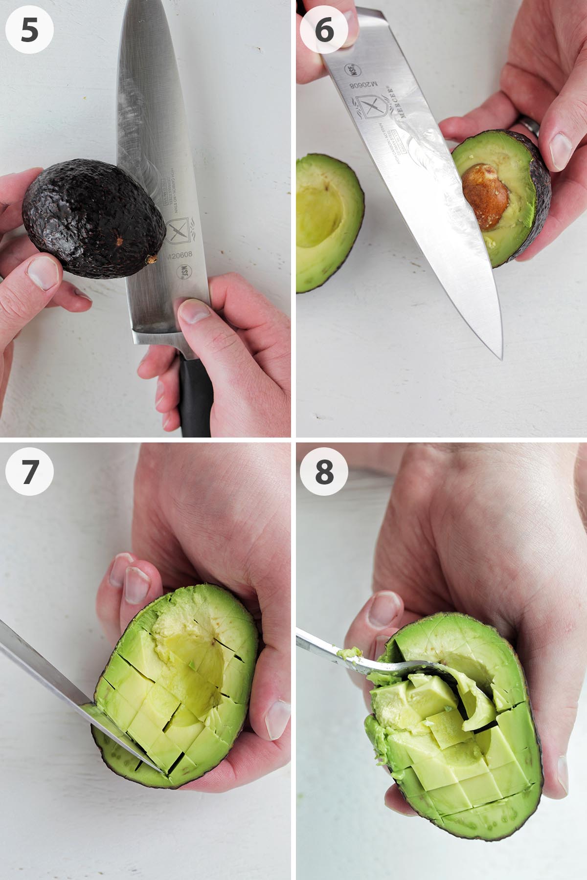 four numbered photos showing how to cut and cube an avocado.