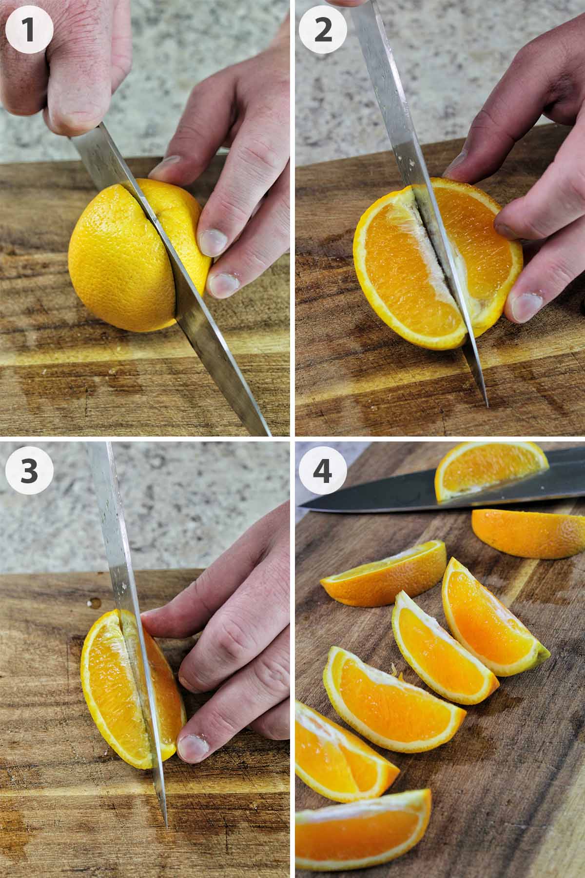 four numbered photos showing how to cut orange slices.