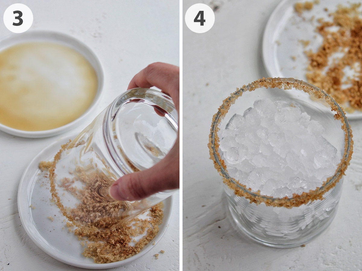 two numbered photos showing how to rim a cocktail glass with brown sugar.