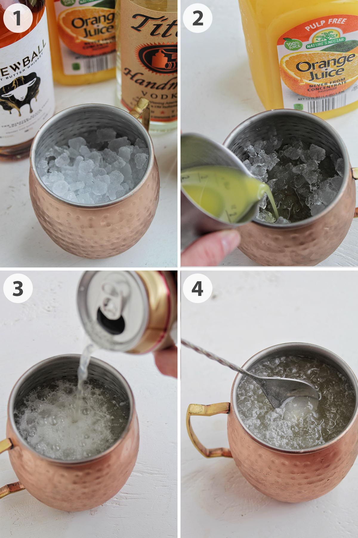 four numbered photos showing how to make a peanut butter whiskey moscow mule.