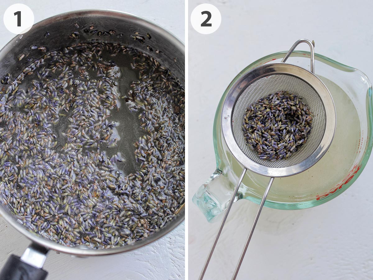 two numbered photos showing how to make lavender simple syrup.