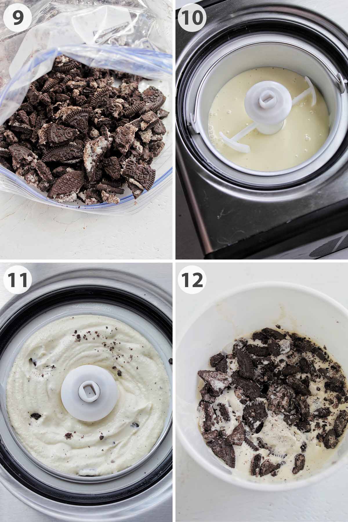 four numbered photos showing how to make oreo cookie ice cream.