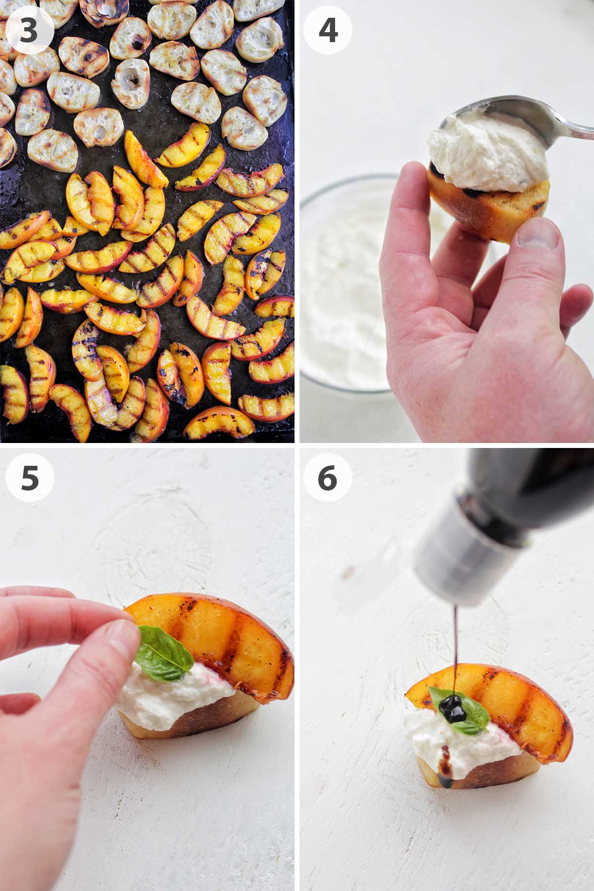 four numbered photos showing how to assemble peach crostini.