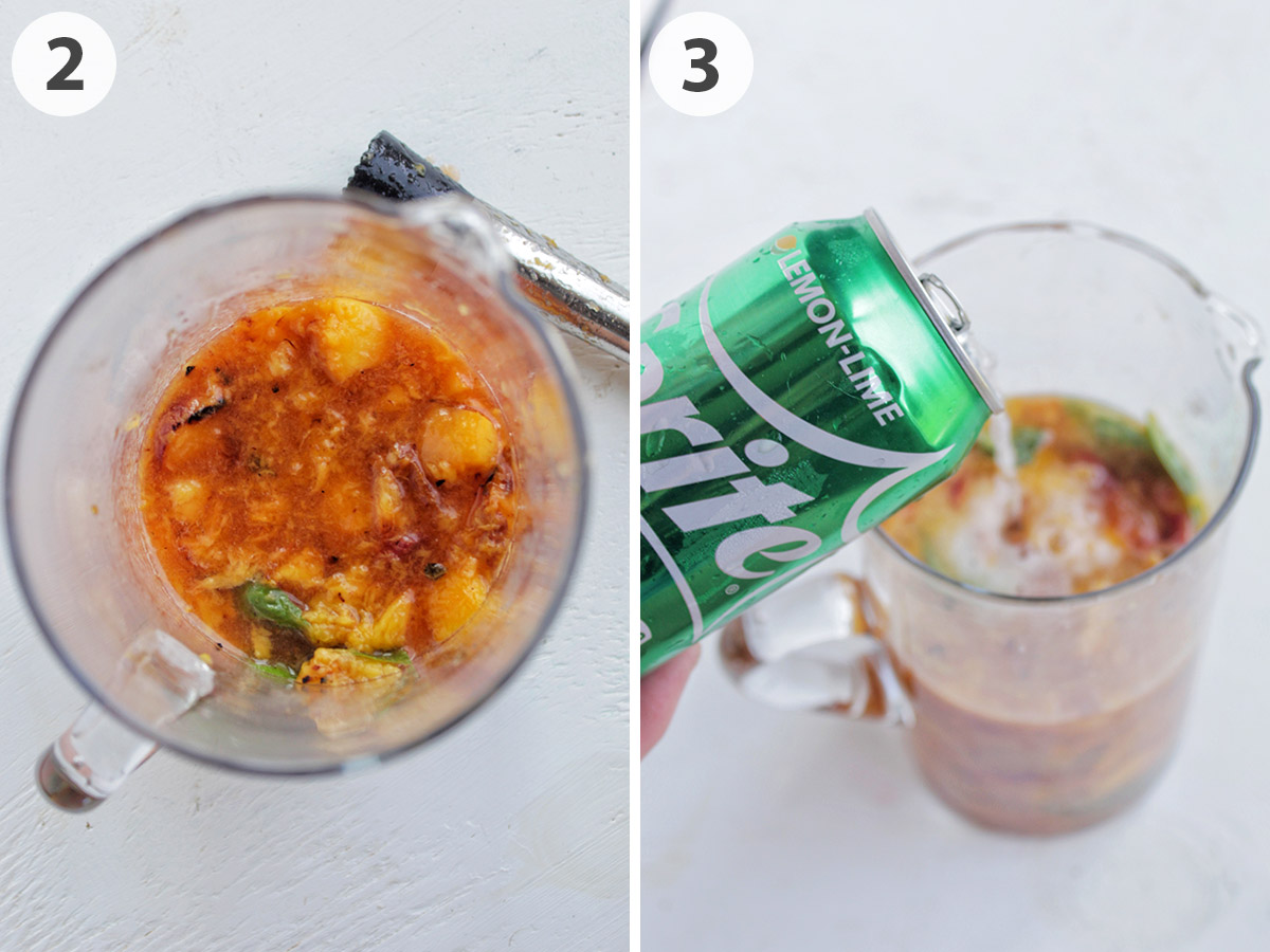 two numbered photos showing how to assemble peach rum cocktail.