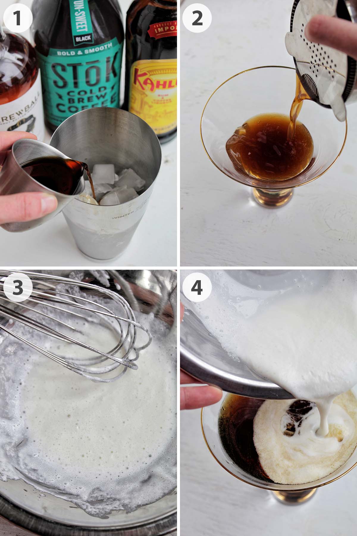 four numbered photos showing how to make a peanut butter espresso martini.