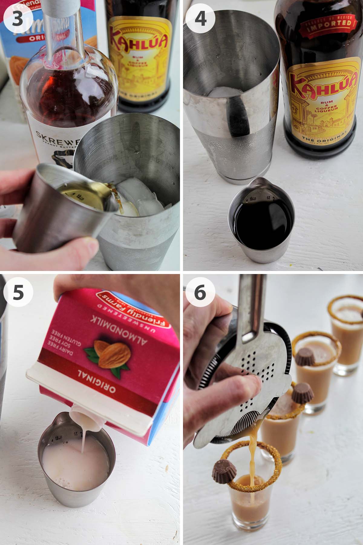 four numbered photos showing how to make a peanut butter cup shot recipe.