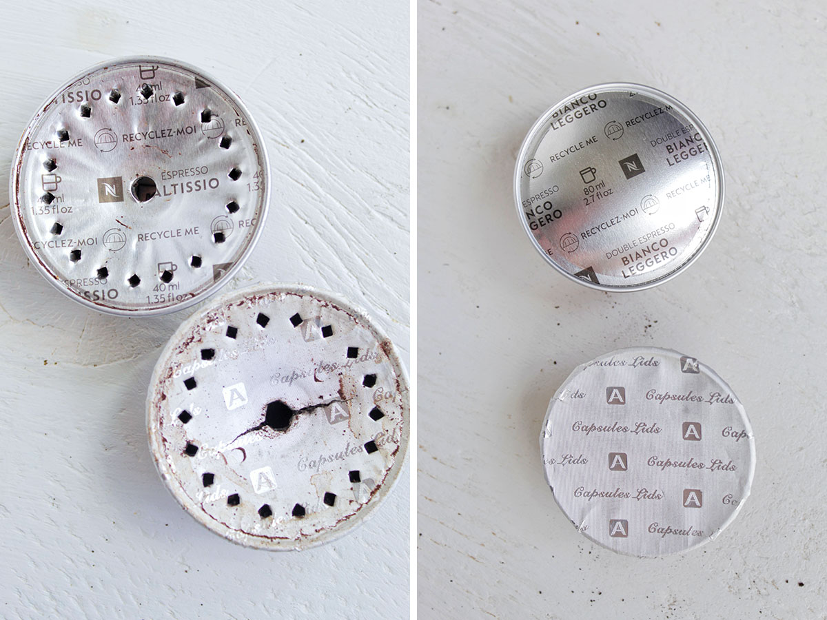 two photos comparing a regular Nespresso pod versus a reused pod.