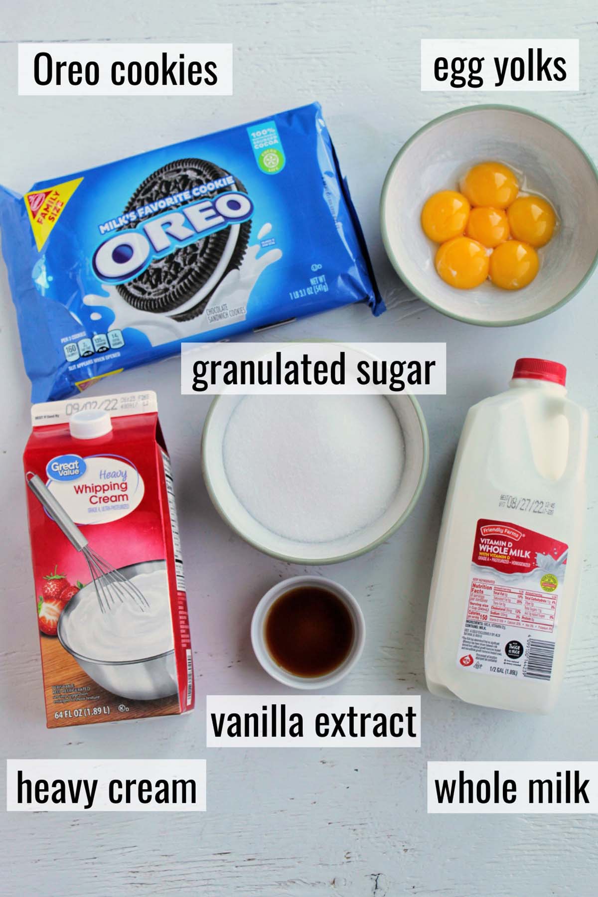 oreo cookie ice cream ingredients with labels.