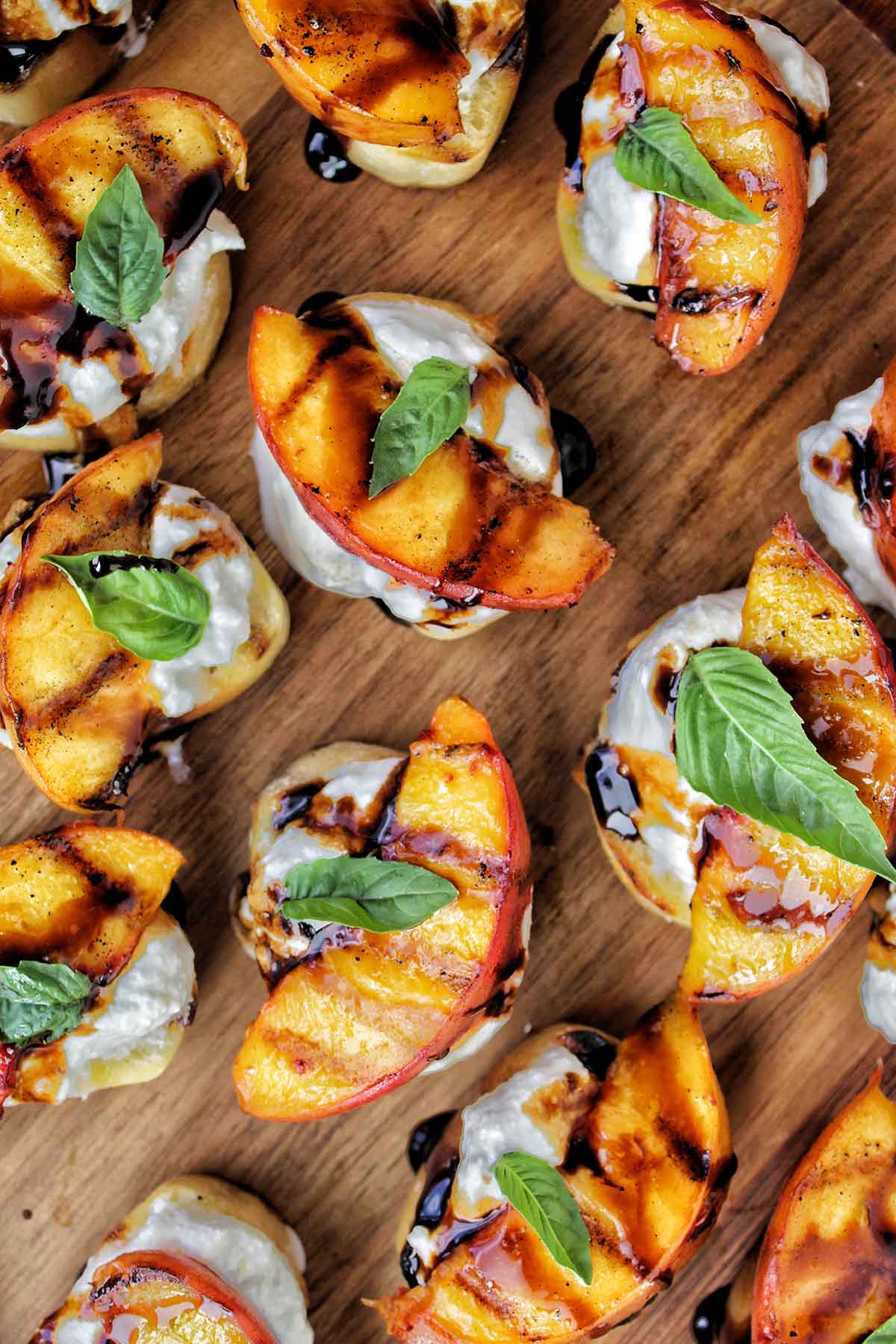 tray full of grilled peach crostini.