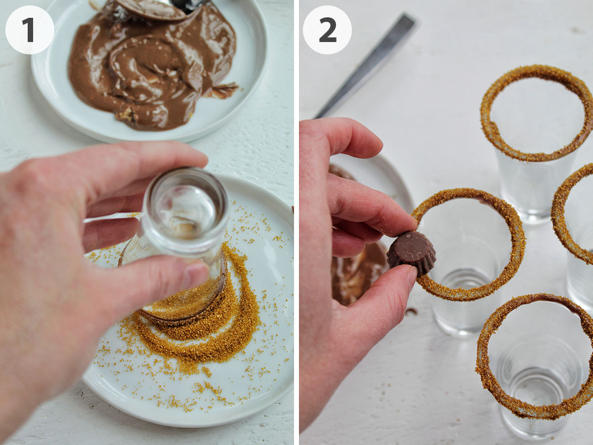 two numbered photos showing how to garnish shot glasses in chocolate and gold sprinkles.