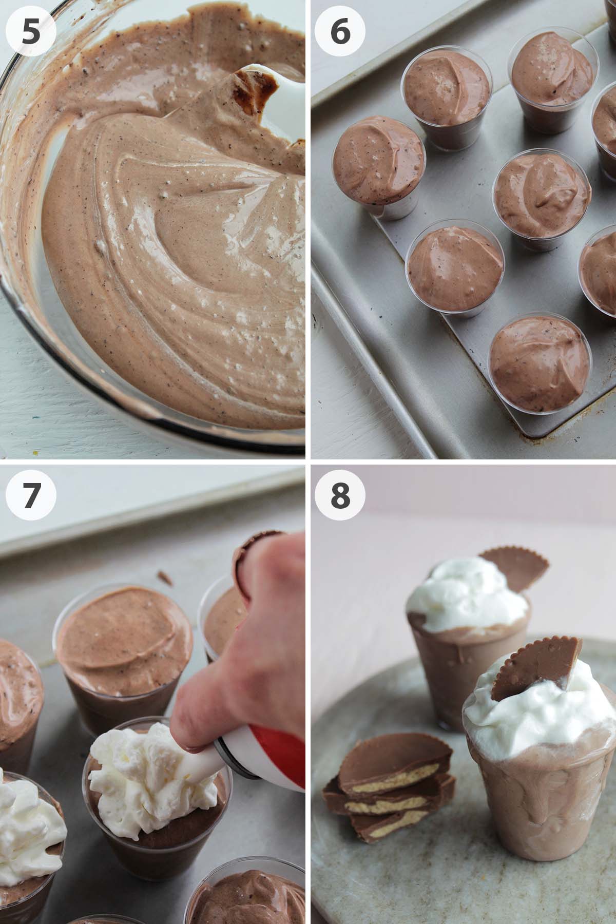 four numbered photos showing how to finish and garnish pudding shots.