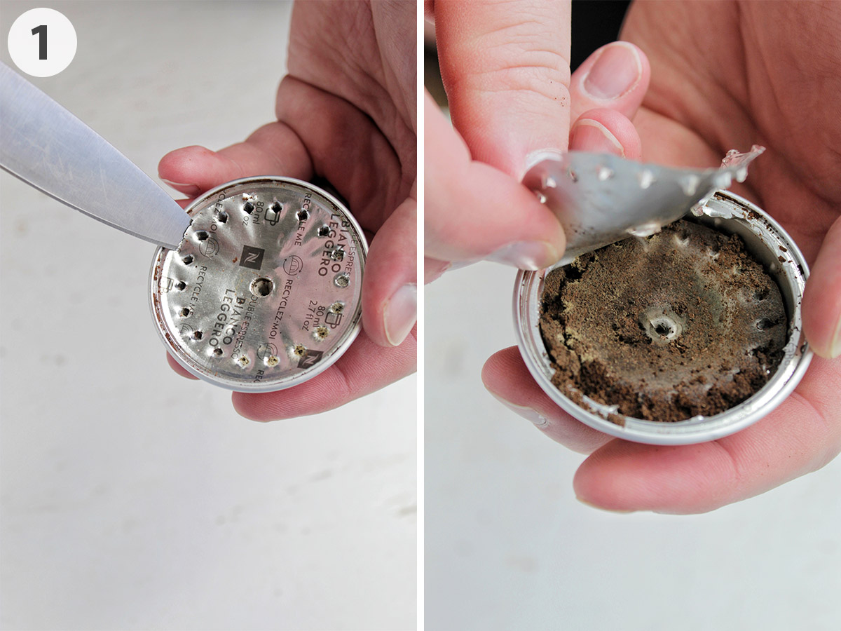two numbered photos showing how to cut open and remove foil from Nespresso vertuo pod.