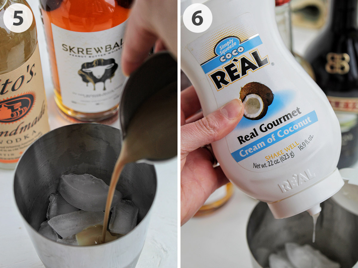 two numbered photos showing pouring Bailey's Irish cream and cream of coconut into a cocktail shaker.