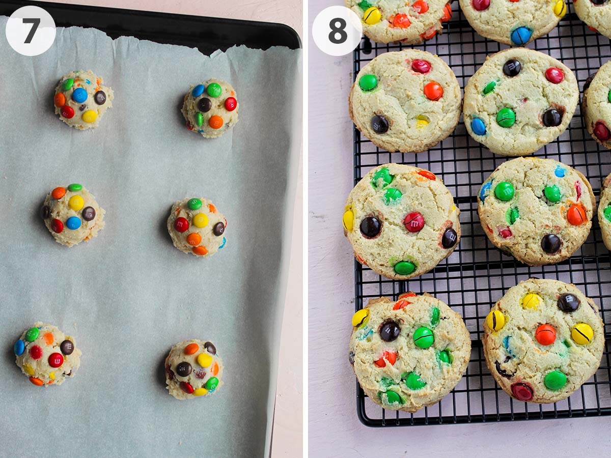 two numbered photos showing balls of cookie dough and baked cookies.
