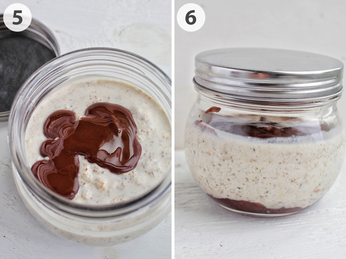 two numbered photos showing how to spread chocolate on top of overnight oats.