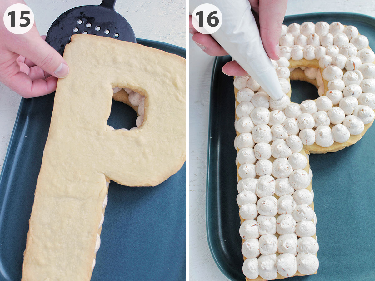 two numbered photos showing how to pipe and assemble a letter cookie cake.