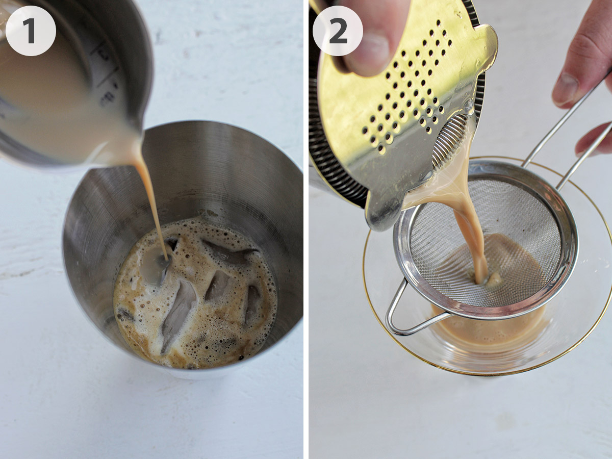 two numbered photos showing how to shake and strain a Baileys espresso martini.
