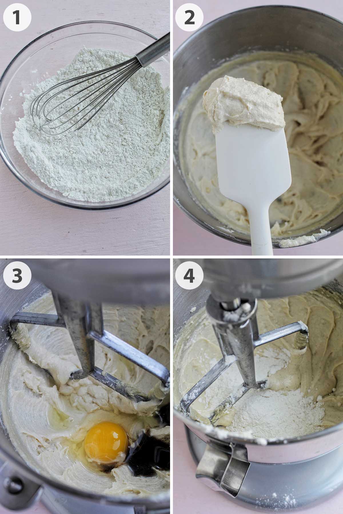 four numbered photos showing how to mix up M&M sugar cookie dough.