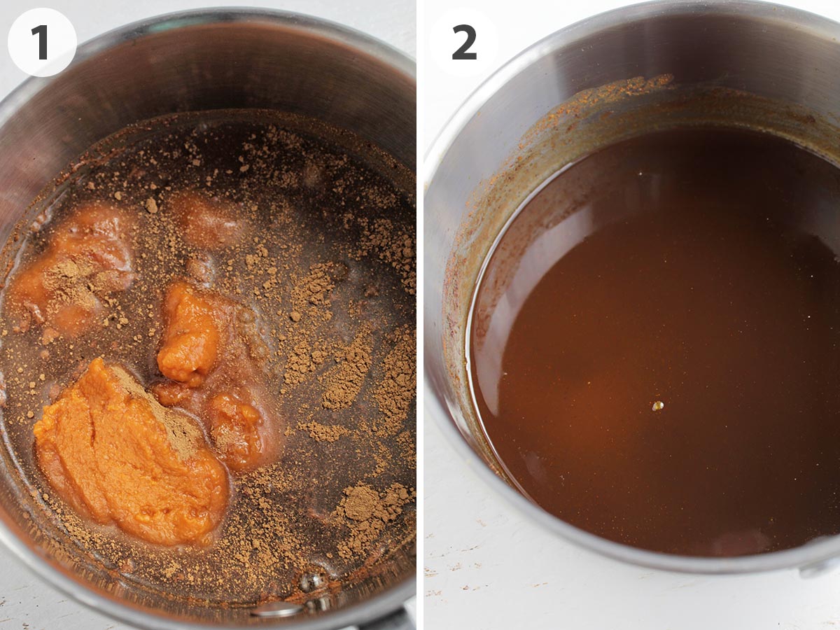 two numbered photos showing how to make pumpkin simple syrup.