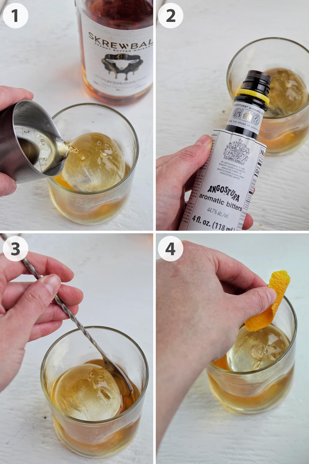 four numbered photos showing how to make an old fashioned with peanut butter whiskey.