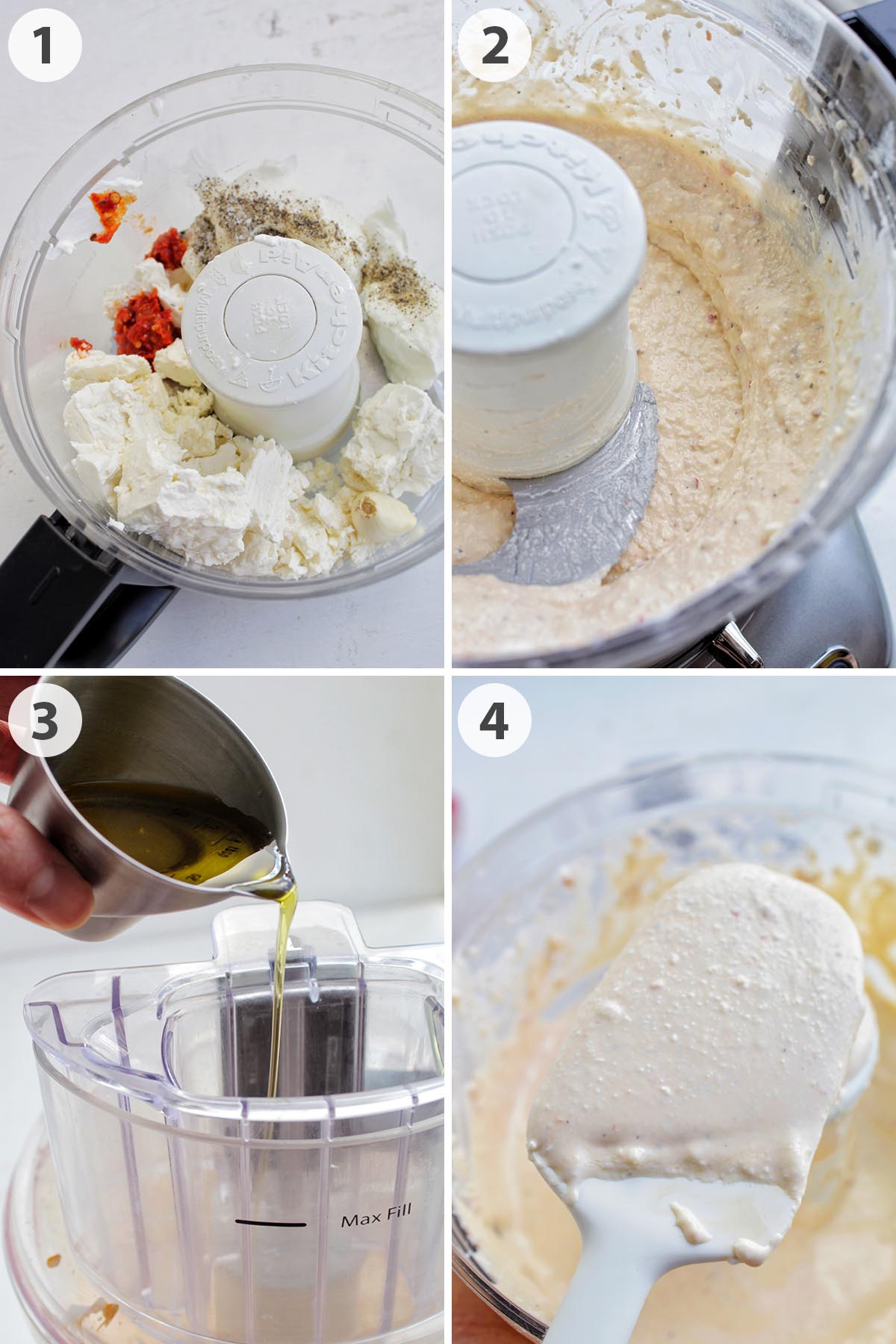 four numbered photos showing how to make whipped feta dip.