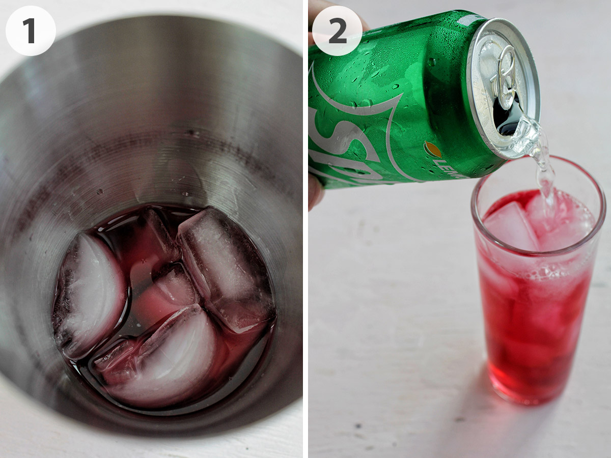 two numbered photos showing how to mix up a tequila and Sprite cocktail.