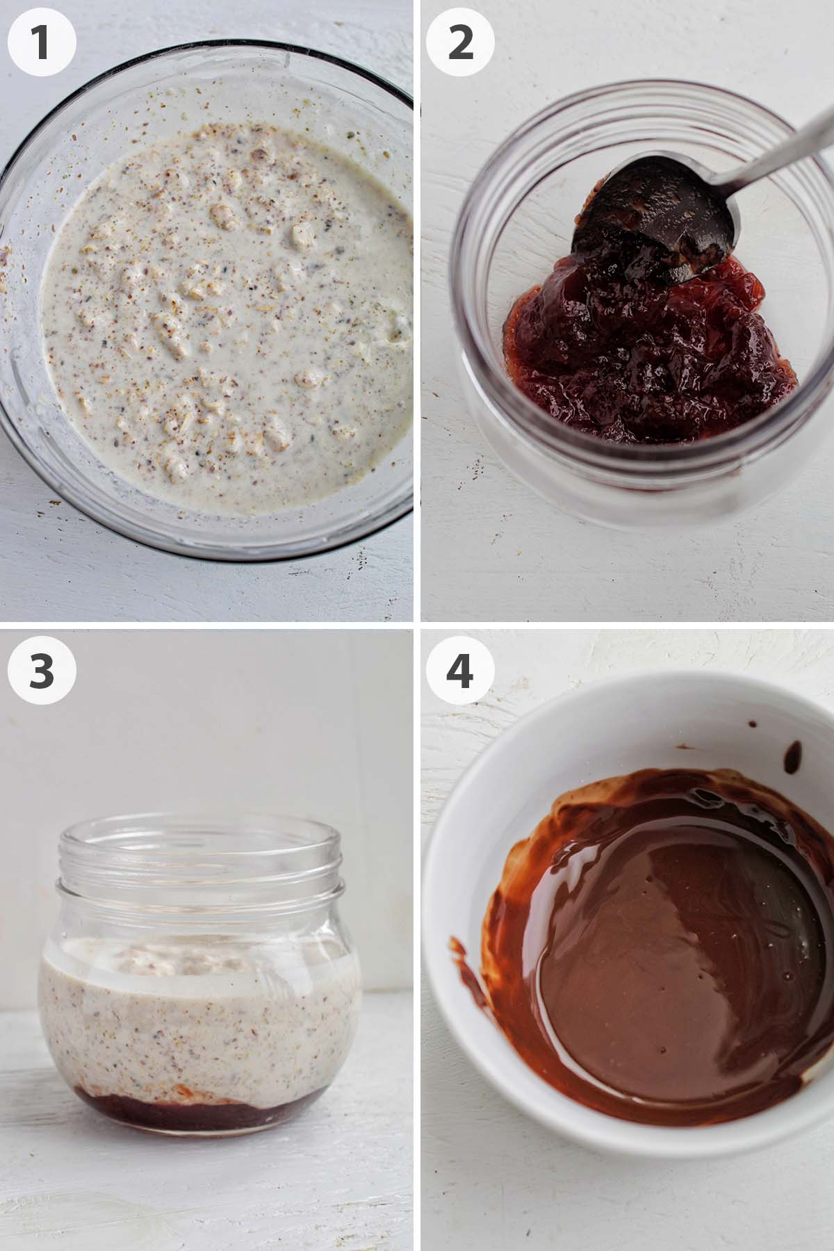four numbered photos showing how to make strawberry and chocolate overnight oats.